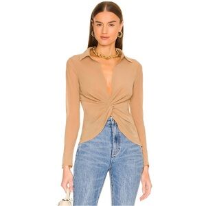 superdown Twist Front Collared Long Sleeve Top in Camel